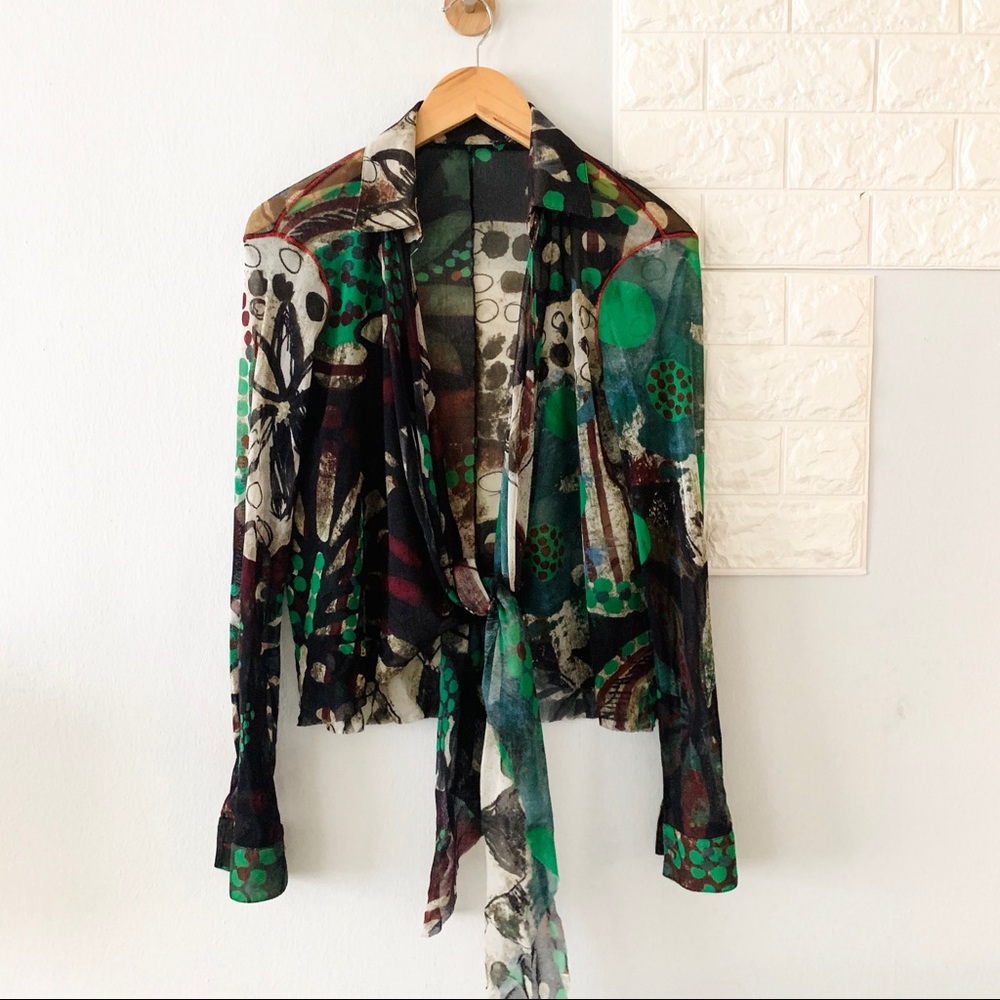 Chic tie front mesh Green abstract printed top